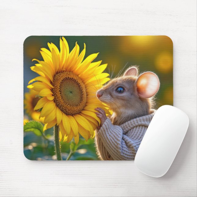 Mouse Smelling a Sunflower Mouse Pad (With Mouse)