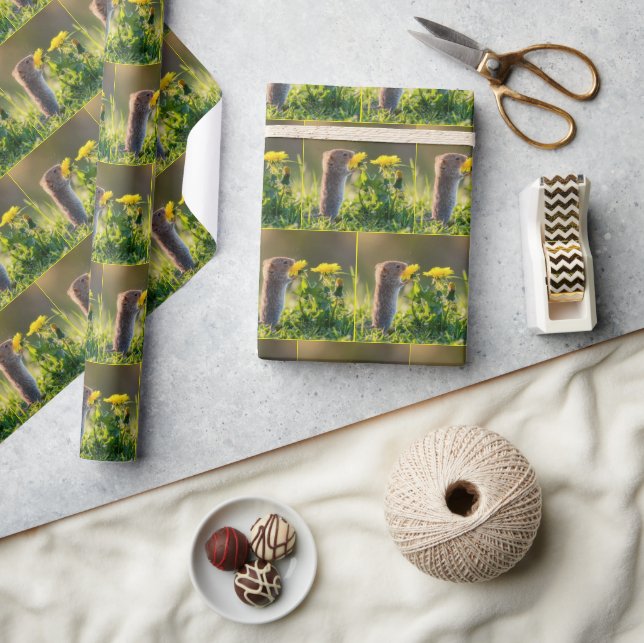 Mouse Smelling a Yellow Dandelion Wrapping Paper (Crafts)