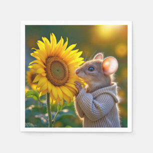 Mouse Smelling an Autumn Sunflower Napkin
