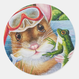 Mouse Snorkel & Mask With Bullfrog Watercolor Art Classic Round Sticker