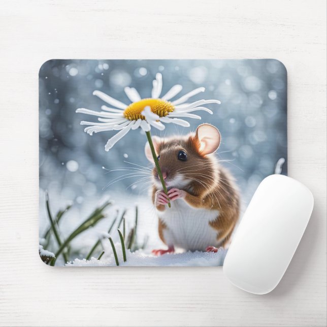 Mouse Under a White Daisy In Snow Pad (With Mouse)