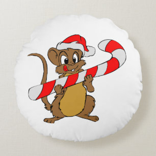 Mouse with a Christmas candy cane Round Pillow