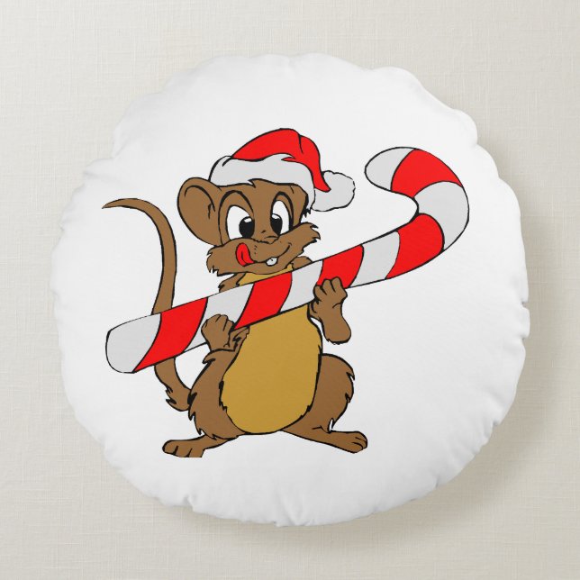 Mouse with a Christmas candy cane Round Pillow (Front)