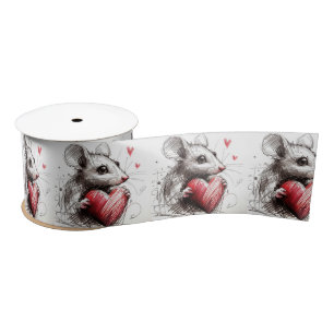 Mouse With a Red Heart Sketch Satin Ribbon