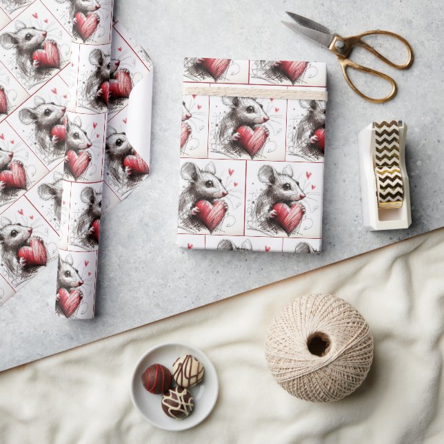 Mouse With a Red Heart Sketch Wrapping Paper (Crafts)