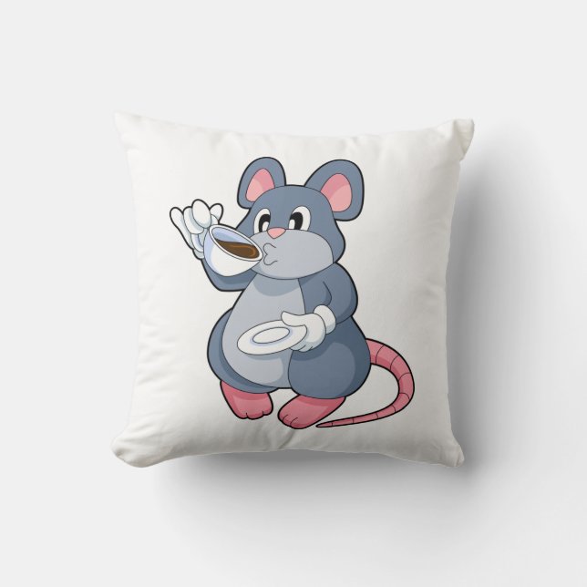 Mouse with Coffee Cup Throw Pillow (Front)