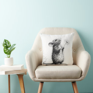 Mouse With Daisy Sketch Throw Pillow