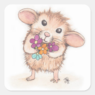 Mouse with Flower Bouquet Square Sticker