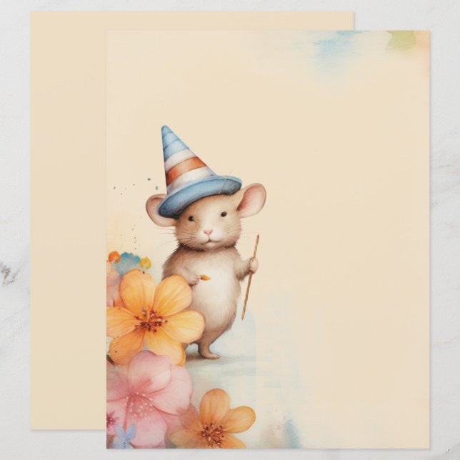 Mouse with hat orange pink flowers old paper blue (Front/Back)