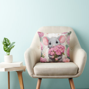 Mouse With Pink Flowers Throw Pillow