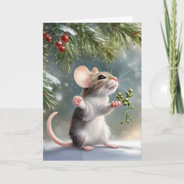 Mouse With Sprig of Mistletoe Holiday Card (Front)