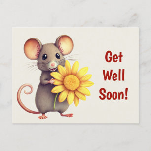 Mouse with the Yellow Flower Cute Get Well Soon Postcard