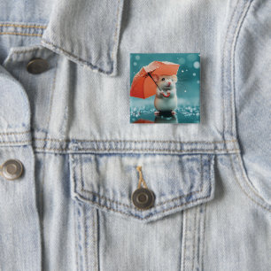Mouse with Umbrella in Rain: Cute Rainy Day Scene 2 Inch Square Button