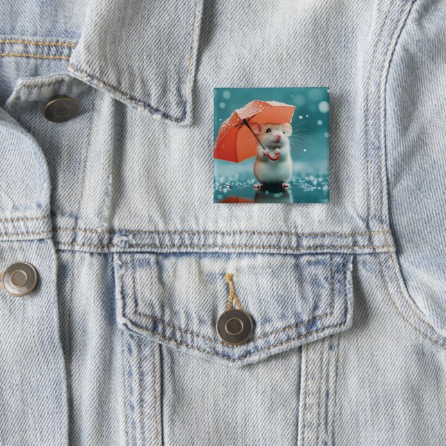 Mouse with Umbrella in Rain: Cute Rainy Day Scene 2 Inch Square Button (In Situ)