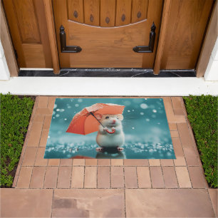 Mouse with Umbrella in Rain: Cute Rainy Day Scene Doormat