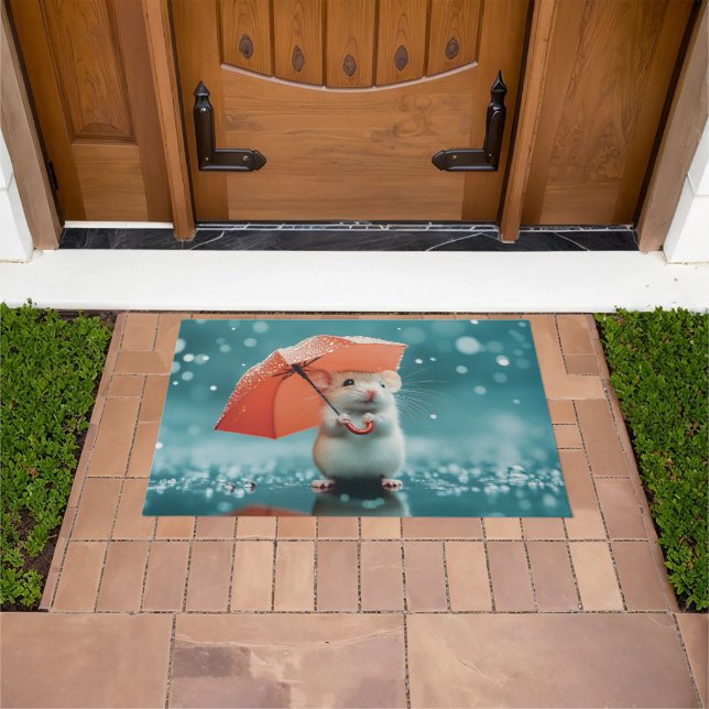 Mouse with Umbrella in Rain: Cute Rainy Day Scene Doormat (Outdoor)