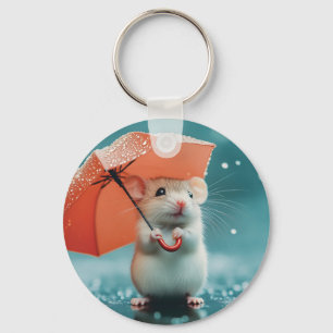 Mouse with Umbrella in Rain: Cute Rainy Day Scene Keychain