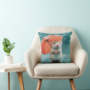 Mouse with Umbrella in Rain: Cute Rainy Day Scene Throw Pillow