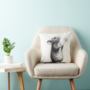 Mouse With White Daisy Throw Pillow