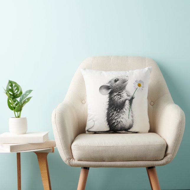 Mouse With White Daisy Throw Pillow (Chair)