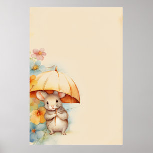 Mouse with yellow umbrella blue orange pink flower poster