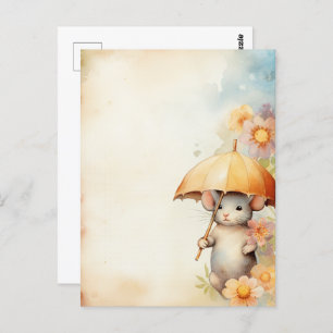 Mouse with yellow umbrella watercolor background postcard