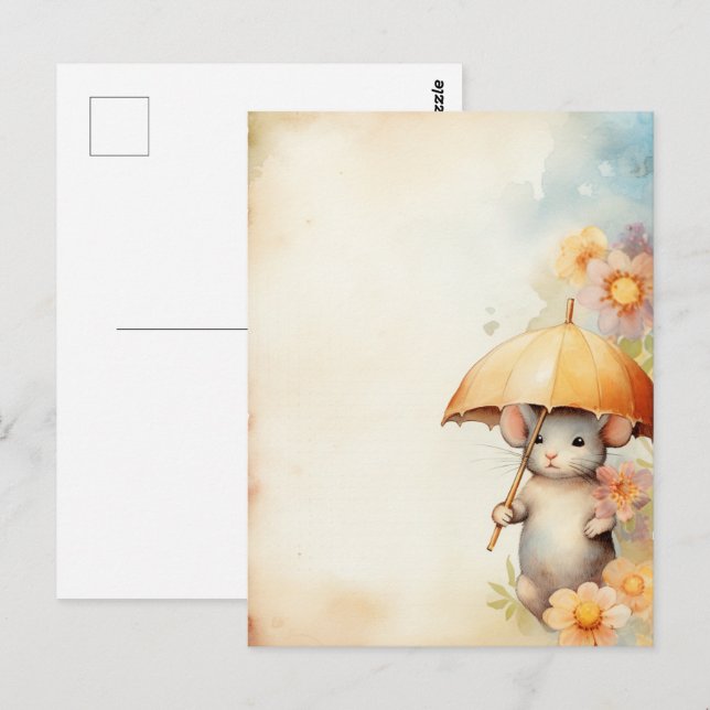 Mouse with yellow umbrella watercolor background postcard (Front/Back)