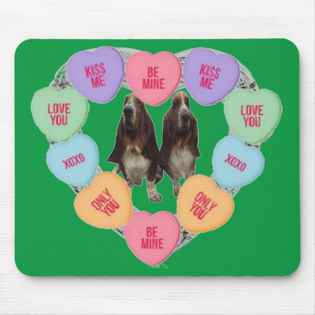 Mousepad Candy Love Hearts With Bassets (Front)