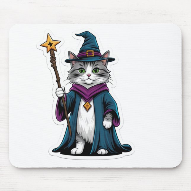Mousepad Mini wizard cat with magical staff (Front)
