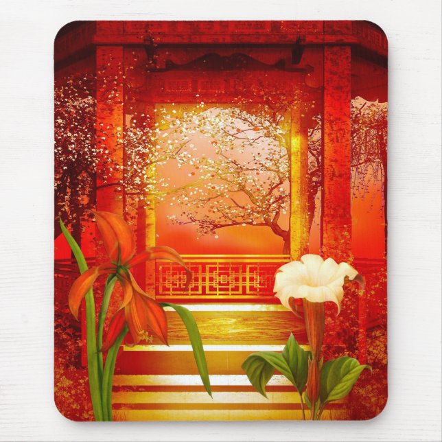 Mousepad Red Golden Yellow Floral (Front)
