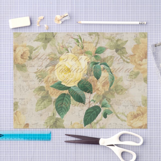 Mousseline Découpage Rose antique et papier de tissus jaune (Artisanat)