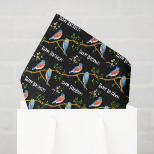 Mousseline Feuilles de papier d'emballage noir avec merles bl
