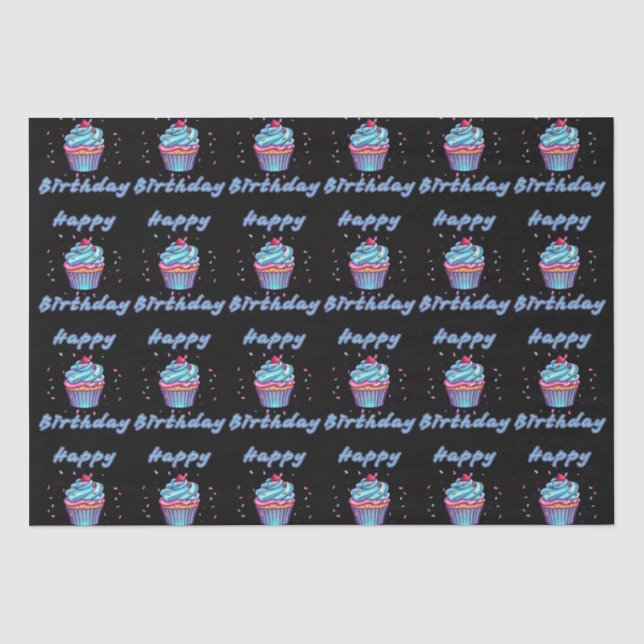 Mousseline Joyeux Anniversaire Cupcake Confetti Tissu Papier (Recto)