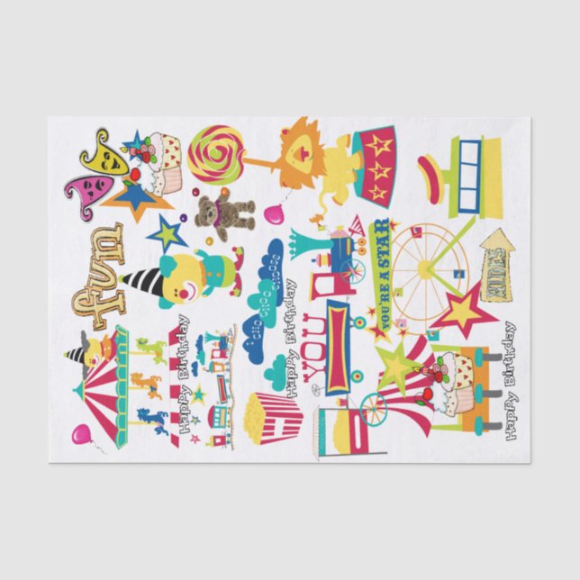 Mousseline Joyeux Anniversaire Tissu Papier Carnaval Cirque (Recto)