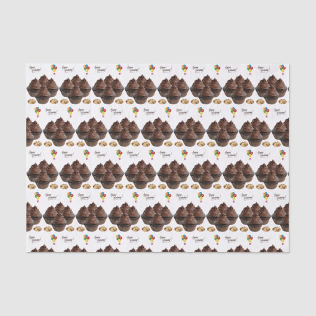 Mousseline Joyeux Anniversaire Tissu Papier Chocolat Cupcake (Recto)