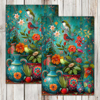 OISEAUX COLORÉS ET FLEURS DÉCOUPAGE TISSU PAPIER