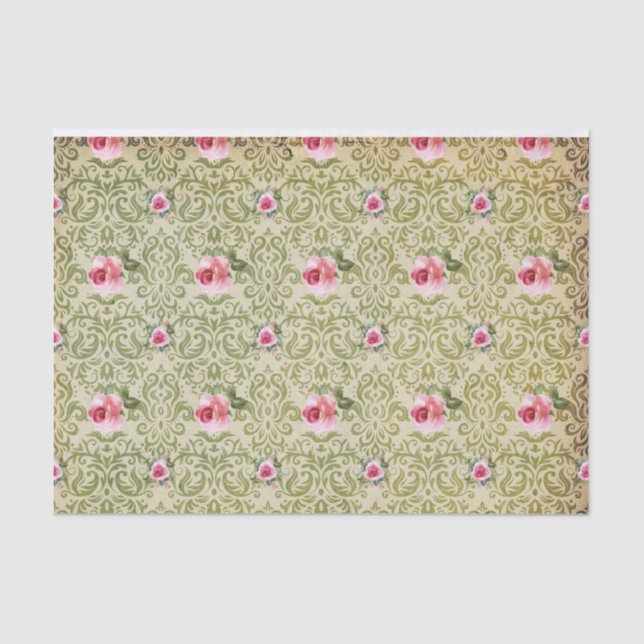 Mousseline Olive Damask & Rose Tissu Papier (Recto)