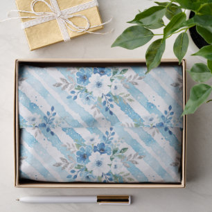 Mousseline Papier Cadeau Fleurie à Rayures Aquarelle Bleue