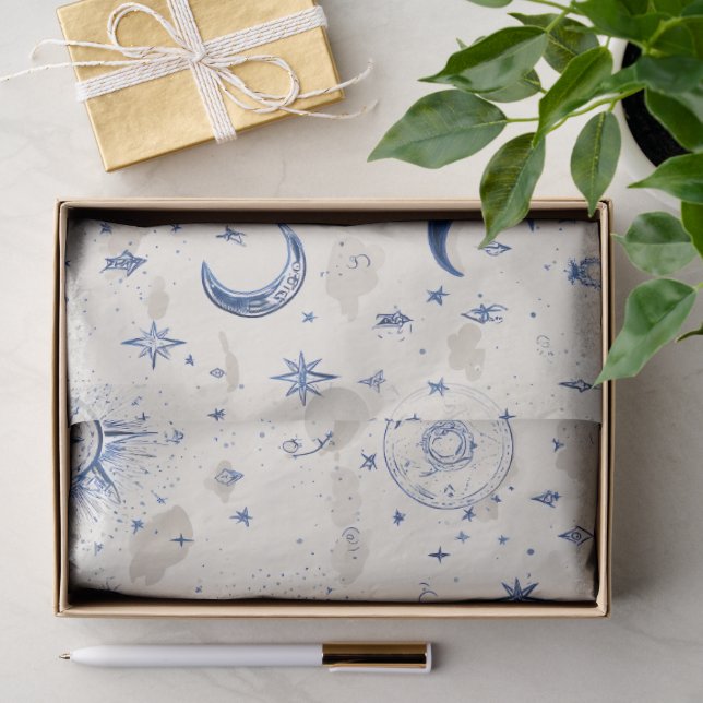Mousseline Papier cadeau Lunes et Étoiles Célestes Bleu/Crème (Cadeau)