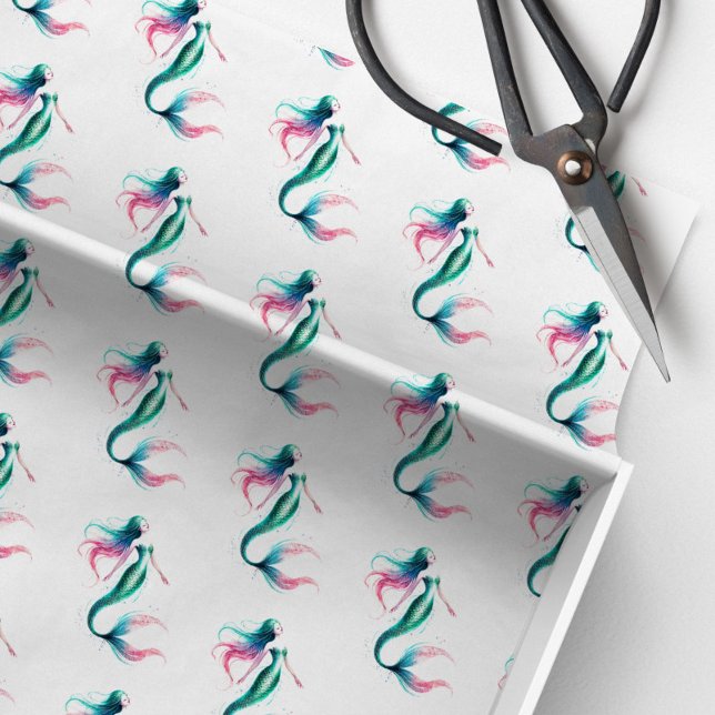 Mousseline Papier de papier Motif de sirène (Mermaid tissue paper in pattern watercolor shades of pink, blue and green)
