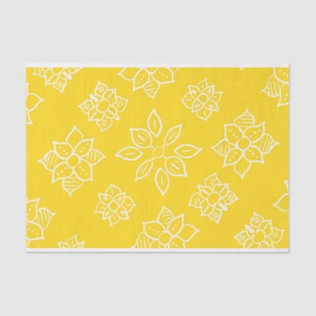 Mousseline Papier de tissus floraux jaune Batik (Recto)
