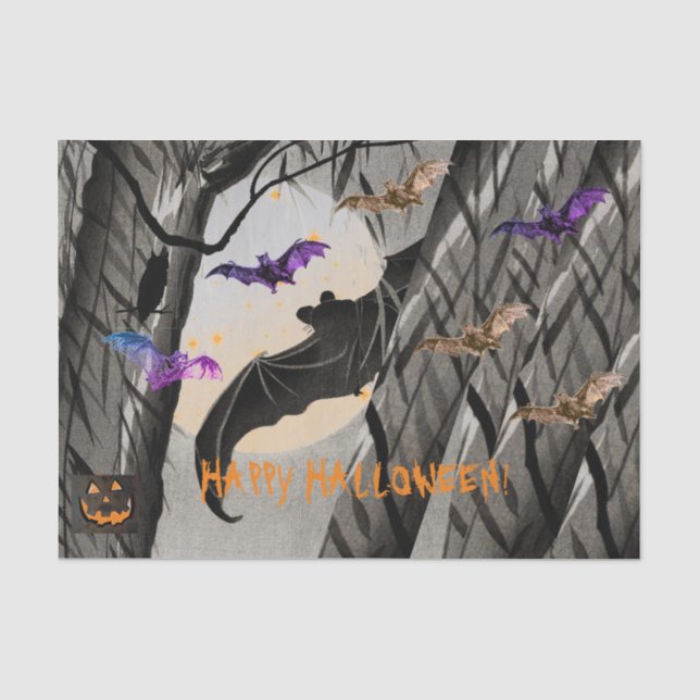 Mousseline Papier de tissus HALLOWEEN BATS DANS UNE PLEINE LU (Recto)