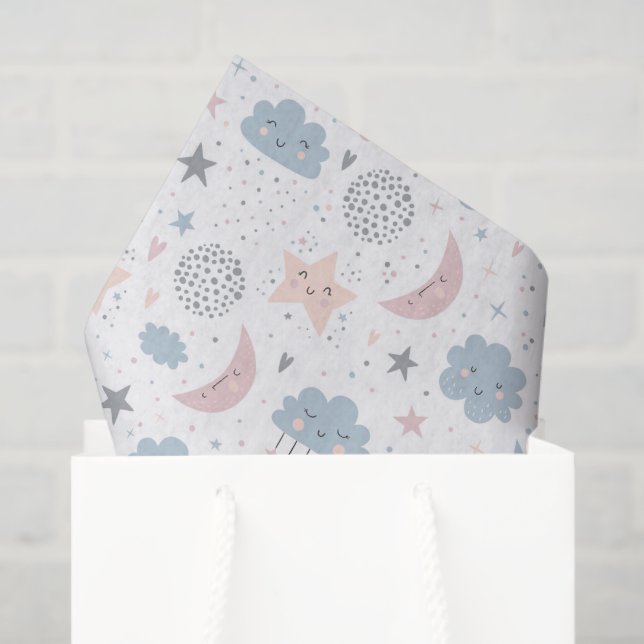 Mousseline Papier découpé Lune Étoiles Nuages, Céleste (Sac cadeau)