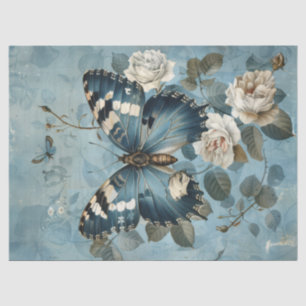 Mousseline Papier Shabby chic bleu papillon & rose