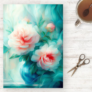 Mousseline Papier Tissu Aquarelle Floral Bleu Aérien