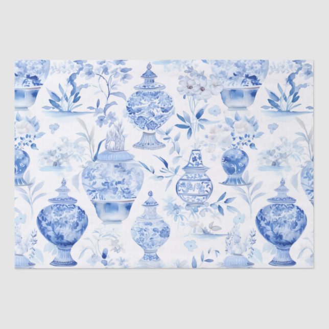 Mousseline Papier Tissu Bleu Chinoiserie (Recto)