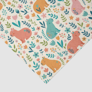 Mousseline Papier Tissu Capybara Floral Dessiné à la Main