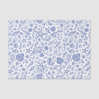 Mousseline Papier Tissu de coquillages illustrés bleu