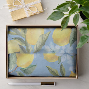 Mousseline Papier Tissu Fleur et Citron Aquarelle Bleu