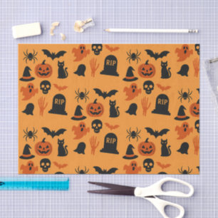 Mousseline Papier Tissu Halloween éffrayant Noir et orange